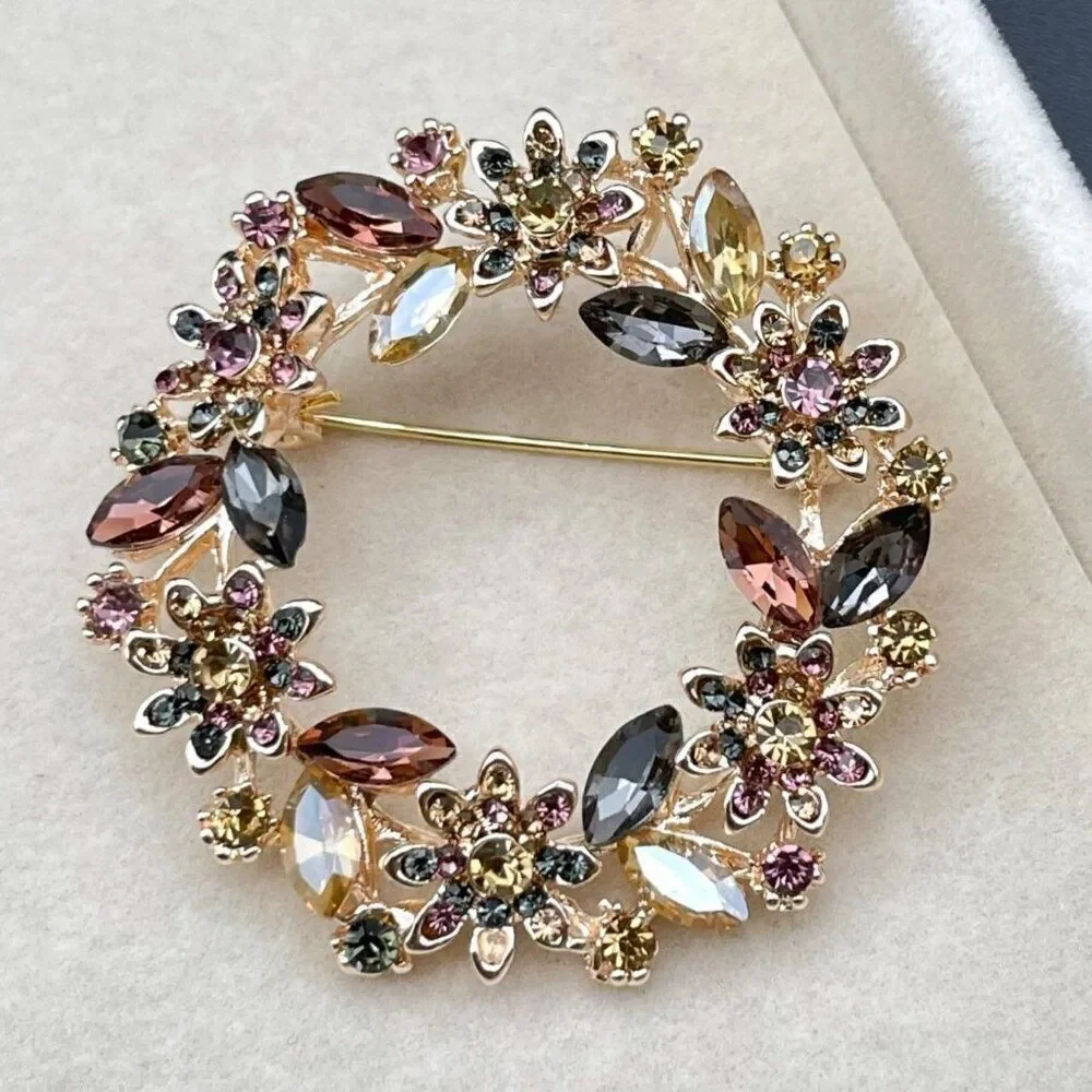 Rose Gold with Multicolored Crystal Floral Flower Leaf Wreath Pin Back Brooch